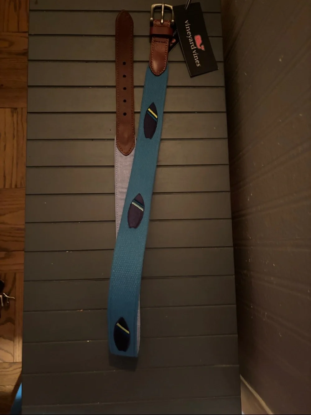 NWT Vineyard Vines Teal Webbed Belt with Brown Leather Trim